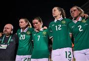 26 June 2025; Republic of Ireland players and staff, from left, media officer Gareth Maher, Saoirse Noonan, Tyler Toland, Anna Patten and Jessie Stapleton after the women's international friendly match between the USA and Republic of Ireland at Dick’s Sporting Goods Park in Commerce City, Colorado, USA. Photo by Stephen McCarthy/Sportsfile