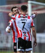 27 June 2025; Danny Mullen of Derry City, left, celebrates with team-mate Michael Duffy after scoring his side's third goal during the SSE Airtricity Men's Premier Division match between Derry City and Drogheda United at The Ryan McBride Brandywell Stadium in Derry. Photo by Shauna Clinton/Sportsfile