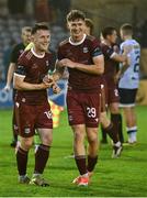 27 June 2025; Galway United players Robert Burns and Cillian Tollett, 29, after the drawn SSE Airtricity Men's Premier Division match between Galway United and Shelbourne at Eamonn Deacy Park in Galway. Photo by Piaras Ó Mídheach/Sportsfile