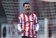 27 June 2025; Danny Mullen of Derry City celebrates after scoring his side's third goal during the SSE Airtricity Men's Premier Division match between Derry City and Drogheda United at The Ryan McBride Brandywell Stadium in Derry. Photo by Shauna Clinton/Sportsfile