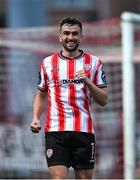 27 June 2025; Michael Duffy of Derry City celebrates his side's third goal, scored by team-mate Danny Mullen, not pictured, during the SSE Airtricity Men's Premier Division match between Derry City and Drogheda United at The Ryan McBride Brandywell Stadium in Derry. Photo by Shauna Clinton/Sportsfile