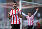 27 June 2025; Michael Duffy of Derry City celebrates his side's third goal, scored by team-mate Danny Mullen, not pictured, during the SSE Airtricity Men's Premier Division match between Derry City and Drogheda United at The Ryan McBride Brandywell Stadium in Derry. Photo by Shauna Clinton/Sportsfile