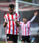 27 June 2025; Michael Duffy of Derry City celebrates his side's third goal, scored by team-mate Danny Mullen, not pictured, during the SSE Airtricity Men's Premier Division match between Derry City and Drogheda United at The Ryan McBride Brandywell Stadium in Derry. Photo by Shauna Clinton/Sportsfile