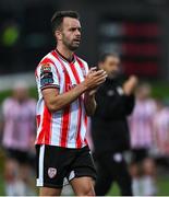 27 June 2025; Robbie Benson of Derry City acknowledges supporters after his side's victory in the SSE Airtricity Men's Premier Division match between Derry City and Drogheda United at The Ryan McBride Brandywell Stadium in Derry. Photo by Shauna Clinton/Sportsfile