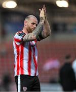 27 June 2025; Mark Connolly of Derry City acknowledges supporters after his side's victory in the SSE Airtricity Men's Premier Division match between Derry City and Drogheda United at The Ryan McBride Brandywell Stadium in Derry. Photo by Shauna Clinton/Sportsfile