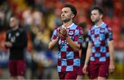 27 June 2025; Darragh Markey of Drogheda United acknowledges supporters after his side's defeat in the SSE Airtricity Men's Premier Division match between Derry City and Drogheda United at The Ryan McBride Brandywell Stadium in Derry. Photo by Shauna Clinton/Sportsfile