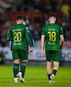 27 June 2025; Jake Mulraney, left, and Aidan Keena of St Patrick's Athletic leave the pitch after the SSE Airtricity Men's Premier Division match between Cork City and St Patrick's Athletic at Turner's Cross in Cork. Photo by Brendan Moran/Sportsfile