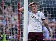 27 June 2025; Reece Hutchinson of Sligo Rovers reacts after his side conceded a late equalising goal during the SSE Airtricity Men's Premier Division match between Bohemians and Sligo Rovers at Dalymount Park in Dublin. Photo by Seb Daly/Sportsfile