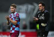 27 June 2025; Owen Lambe, left, and Jack Brady of Drogheda United acknowledges supporters after his side's defeat in the SSE Airtricity Men's Premier Division match between Derry City and Drogheda United at The Ryan McBride Brandywell Stadium in Derry. Photo by Shauna Clinton/Sportsfile