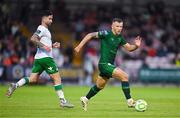 27 June 2025; Jamie Lennon of St Patrick's Athletic in action against Sean Maguire of Cork City during the SSE Airtricity Men's Premier Division match between Cork City and St Patrick's Athletic at Turner's Cross in Cork. Photo by Brendan Moran/Sportsfile