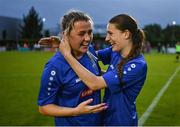 27 June 2025; Rebecca Kavanagh, right, and Ella Gleeson of Newbridge Town after their side's victory in the Sports Direct Women's FAI Cup first round match between Newbridge Town and Whitehall at Greenogue Park in Dublin. Photo by Stephen Marken/Sportsfile