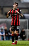 27 June 2025; Dawson Devoy of Bohemians reacts during the SSE Airtricity Men's Premier Division match between Bohemians and Sligo Rovers at Dalymount Park in Dublin. Photo by Seb Daly/Sportsfile