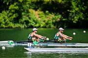 28 June 2025; Fintan McCarthy, left, and Konan Pazzaia of Ireland compete in the Men’s Double Sculls Semifinal 2 during the 2025 World Rowing Cup at Rotsee in Lucerne, Switzerland. Photo by Benedict Tufnell/Sportsfile