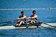 28 June 2025; Paul O'Donovan, left, and Daire Lynch of Ireland before the Men’s Double Sculls Semifinal 2 during the 2025 World Rowing Cup at Rotsee in Lucerne, Switzerland. Photo by Benedict Tufnell/Sportsfile