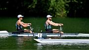 28 June 2025; Fintan McCarthy, left, and Konan Pazzaia of Ireland compete in the Men’s Double Sculls Semifinal 2 during the 2025 World Rowing Cup at Rotsee in Lucerne, Switzerland. Photo by Benedict Tufnell/Sportsfile