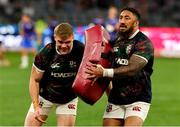 28 June 2025; Garry Ringrose, left, and Bundee Aki of British & Irish Lions warms up before the tour match between Western Force and the British & Irish Lions at Optus Stadium in Perth, Australia. Photo by Steve Christo/Sportsfile