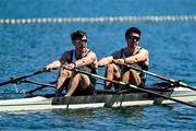28 June 2025; Daire Lynch, left, and Paul O'Donovan of Ireland compete in the Men’s Double Sculls Semifinal 2 during the 2025 World Rowing Cup at Rotsee in Lucerne, Switzerland. Photo by Benedict Tufnell/Sportsfile