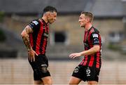 27 June 2025; Bohemians players John Mountney, right, and Rob Cornwall during the SSE Airtricity Men's Premier Division match between Bohemians and Sligo Rovers at Dalymount Park in Dublin. Photo by Seb Daly/Sportsfile