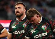 28 June 2025; Rónan Kelleher, left, and Andrew Porter of British & Irish Lions before the tour match between Western Force and the British & Irish Lions at Optus Stadium in Perth, Australia. Photo by Steve Christo/Sportsfile