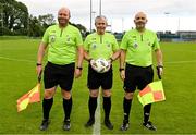 27 June 2025; Referee Colin Duffy with first assistant referee Pete Mahoney, left, and second assistant referee Owen Murphy before the Sports Direct Women's FAI Cup first round match between Newbridge Town and Whitehall at Greenogue Park in Dublin. Photo by Stephen Marken/Sportsfile