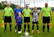 27 June 2025; Captains Ella Gleeson of Newbridge Town, left, and Charlene Graham of Whitehall Rangers, with referee Colin Duffy, assistant referees Owen Murphy, left, and Peter Mahoney and Newbridge Town mascot Brooke Barry, age 7, before the Sports Direct Women's FAI Cup first round match between Newbridge Town and Whitehall at Greenogue Park in Dublin. Photo by Stephen Marken/Sportsfile