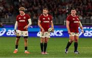 28 June 2025; British & Irish Lions players, from left, Henry Pollock, Finn Russell and Tadhg Furlong during the tour match between Western Force and the British & Irish Lions at Optus Stadium in Perth, Australia. Photo by Steve Christo/Sportsfile