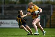 28 June 2025; Leah McDonagh of Charlestown in action against Dearbhla Coppinger of Glanmire during the LGFA Division 1 match between Glanmire and Charlestown at the John West Féile Peile na nÓg Gaelic Football and LGFA National Finals at Derry GAA Centre of Excellence in Owenbeg, Derry. Photo by Shauna Clinton/Sportsfile