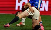 28 June 2025; Tomos Williams of British & Irish Lions holds his leg after scoring his second and his side's fourth try during the tour match between Western Force and the British & Irish Lions at Optus Stadium in Perth, Australia. Photo by Steve Christo/Sportsfile