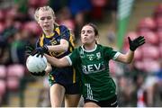 28 June 2025; Olivia Nyhan of Glanmire in action against Seraya Murphy of Charlestown during the LGFA Division 1 match between Glanmire and Charlestown at the John West Féile Peile na nÓg Gaelic Football and LGFA National Finals at Derry GAA Centre of Excellence in Owenbeg, Derry. Photo by Shauna Clinton/Sportsfile