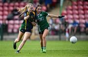 28 June 2025; Olivia Nyhan of Glanmire in action against Seraya Murphy of Charlestown during the LGFA Division 1 match between Glanmire and Charlestown at the John West Féile Peile na nÓg Gaelic Football and LGFA National Finals at Derry GAA Centre of Excellence in Owenbeg, Derry. Photo by Shauna Clinton/Sportsfile