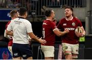 28 June 2025; Joe McCarthy of British & Irish Lions, right, celebrates with teammate James Lowe after scoring their side's sixth try during the tour match between Western Force and the British & Irish Lions at Optus Stadium in Perth, Australia. Photo by Steve Christo/Sportsfile