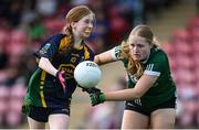 28 June 2025; Aisling Lynch of Glanmire in action against Isabelle Duffy of Charlestown during the LGFA Division 1 match between Glanmire and Charlestown at the John West Féile Peile na nÓg Gaelic Football and LGFA National Finals at Derry GAA Centre of Excellence in Owenbeg, Derry. Photo by Shauna Clinton/Sportsfile