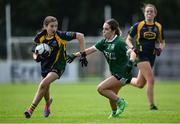 28 June 2025; Emily Crowley of Glanmire in action against Amy Vesey of Charlestown during the LGFA Division 1 match between Glanmire and Charlestown at the John West Féile Peile na nÓg Gaelic Football and LGFA National Finals at Derry GAA Centre of Excellence in Owenbeg, Derry. Photo by Shauna Clinton/Sportsfile