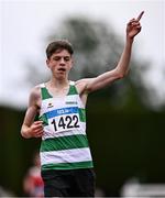 28 June 2025; Ruby Devereaux of Youghal AC, Cork, celebrates after winning the Boys Under 16 3000m during day one of the 123.ie National Juveniles Track & Field Championships at Tullamore Harriers Athletics Club in Offaly. Photo by Ben McShane/Sportsfile