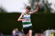 28 June 2025; Ruby Devereaux of Youghal AC, Cork, celebrates after winning the Boys Under 16 3000m during day one of the 123.ie National Juveniles Track & Field Championships at Tullamore Harriers Athletics Club in Offaly. Photo by Ben McShane/Sportsfile