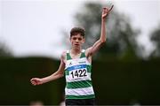 28 June 2025; Ruby Devereaux of Youghal AC, Cork, celebrates after winning the Boys Under 16 3000m during day one of the 123.ie National Juveniles Track & Field Championships at Tullamore Harriers Athletics Club in Offaly. Photo by Ben McShane/Sportsfile