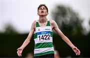 28 June 2025; Ruby Devereaux of Youghal AC, Cork, celebrates after winning the Boys Under 16 3000m during day one of the 123.ie National Juveniles Track & Field Championships at Tullamore Harriers Athletics Club in Offaly. Photo by Ben McShane/Sportsfile