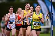 28 June 2025; Emma Flynn of North Cork AC, Cork, right, competes in the Girls Under 16 3000m during day one of the 123.ie National Juveniles Track & Field Championships at Tullamore Harriers Athletics Club in Offaly. Photo by Ben McShane/Sportsfile