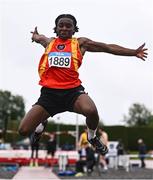 28 June 2025; Daniel Oluwalaanumi Sangodele of West Coast AC, Galway, competes in the Boys Under 18 Triple Jump during day one of the 123.ie National Juveniles Track & Field Championships at Tullamore Harriers Athletics Club in Offaly. Photo by Ben McShane/Sportsfile