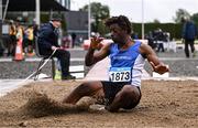 28 June 2025; Isaac Akinjewe of Waterford AC, Waterford, competes in the Boys Under 18 Long Jump during day one of the 123.ie National Juveniles Track & Field Championships at Tullamore Harriers Athletics Club in Offaly. Photo by Ben McShane/Sportsfile