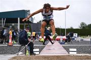 28 June 2025; Sean Edo of Donore Harriers AC, Dublin, competes in the Boys Under 18 Long Jump during day one of the 123.ie National Juveniles Track & Field Championships at Tullamore Harriers Athletics Club in Offaly. Photo by Ben McShane/Sportsfile