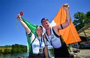 28 June 2025; Sadhbh Ní Laoghaire, left, and Tiarnán O'Donnell of Ireland with their bronze medals after the PR3 Mixed Double Sculls Final during the 2025 World Rowing Cup at Rotsee in Lucerne, Switzerland. Photo by Benedict Tufnell/Sportsfile