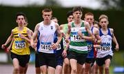 28 June 2025; Ruby Devereaux of Youghal AC, Cork, centre, leads in the Boys Under 16 3000m during day one of the 123.ie National Juveniles Track & Field Championships at Tullamore Harriers Athletics Club in Offaly. Photo by Ben McShane/Sportsfile