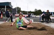 28 June 2025; Dominik Wasila of Killarney Valley AC, Kerry, competes in the Boys Under 18 Long Jump during day one of the 123.ie National Juveniles Track & Field Championships at Tullamore Harriers Athletics Club in Offaly. Photo by Ben McShane/Sportsfile