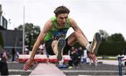 28 June 2025; Dominik Wasila of Killarney Valley AC, Kerry, competes in the Boys Under 18 Long Jump during day one of the 123.ie National Juveniles Track & Field Championships at Tullamore Harriers Athletics Club in Offaly. Photo by Ben McShane/Sportsfile