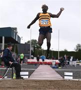 28 June 2025; Ryan Onoh of Leevale AC, Cork, competes in the Boys Under 18 Long Jump during day one of the 123.ie National Juveniles Track & Field Championships at Tullamore Harriers Athletics Club in Offaly. Photo by Ben McShane/Sportsfile