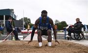 28 June 2025; Philip Finnan of Athlone AC, Westmeath, competes in the Boys Under 18 Long Jump during day one of the 123.ie National Juveniles Track & Field Championships at Tullamore Harriers Athletics Club in Offaly. Photo by Ben McShane/Sportsfile