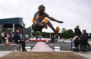 28 June 2025; Ryan Onoh of Leevale AC, Cork, competes in the Boys Under 18 Long Jump during day one of the 123.ie National Juveniles Track & Field Championships at Tullamore Harriers Athletics Club in Offaly. Photo by Ben McShane/Sportsfile