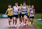 28 June 2025; Ruby Devereaux of Youghal AC, Cork, centre, leads in the Boys Under 16 3000m during day one of the 123.ie National Juveniles Track & Field Championships at Tullamore Harriers Athletics Club in Offaly. Photo by Ben McShane/Sportsfile
