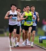 28 June 2025; Lucas Lyons of North Leitrim AC, Leitrim, right, and Rhys Johnson of Donore Harriers AC, Dublin, lead the field in the Boys Under 18 3000m during day one of the 123.ie National Juveniles Track & Field Championships at Tullamore Harriers Athletics Club in Offaly. Photo by Ben McShane/Sportsfile